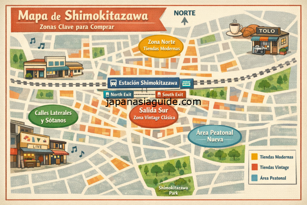 Mapa ilustrado de Shimokitazawa - Ruta a pie recomendada para recorrer Shimokitazawa en un día (sin prisas)